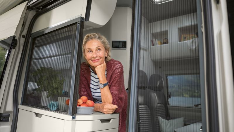 Woman by mosquito insect screen protection in the VW Grand California