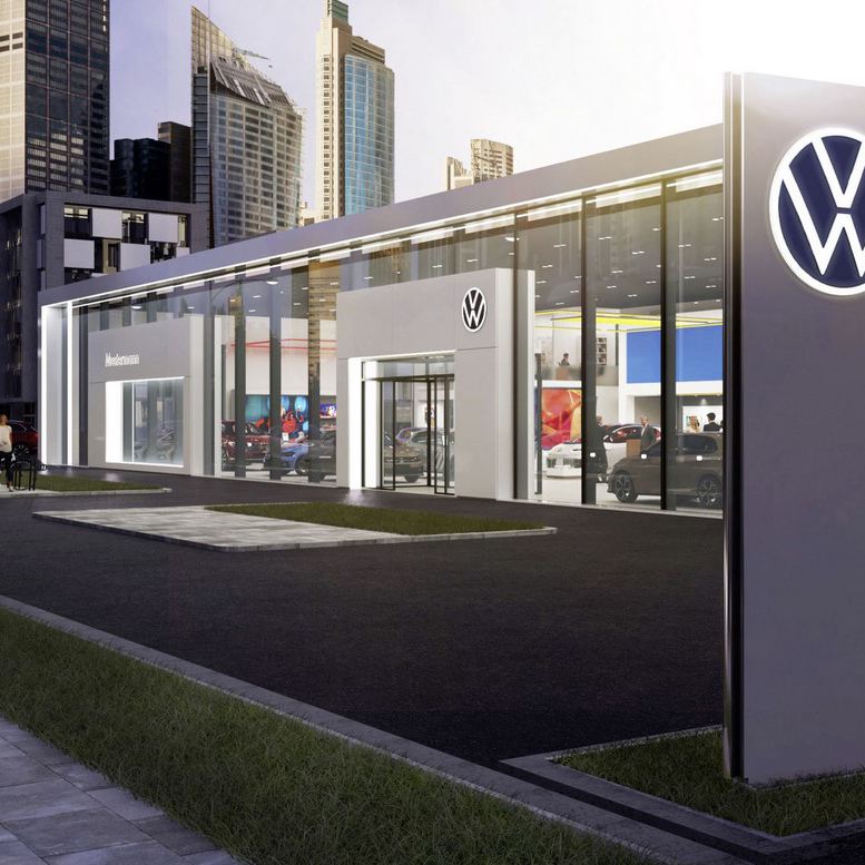 Blick auf die Glasfront eines modernen VW Autohaus