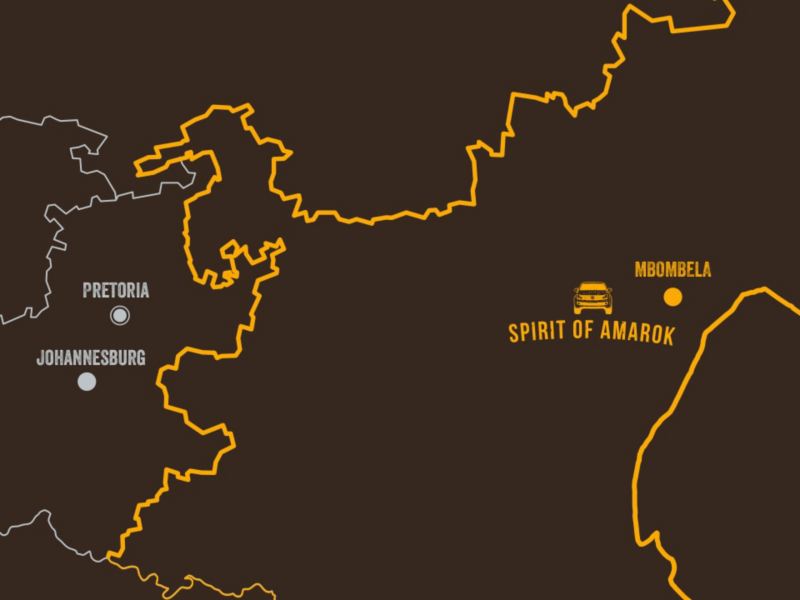 Et illustreret kort over Sydafrika viser, hvor Spirit of Amarok. finder sted.