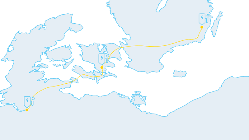 Mapa que muestra una ruta larga con estaciones de carga a lo largo del camino