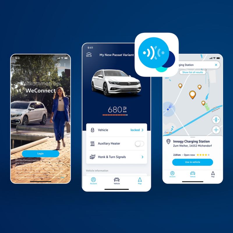 3 Handy-Screens mit We Connect App vor dunkelblauem Hintergrund