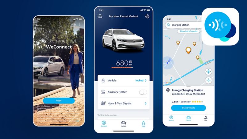 3 Screens der VW We Connect App: Start Screen; Fahrzeug Übersicht mit Reichweite des Passat Variant und Navigation zur Ladestation.