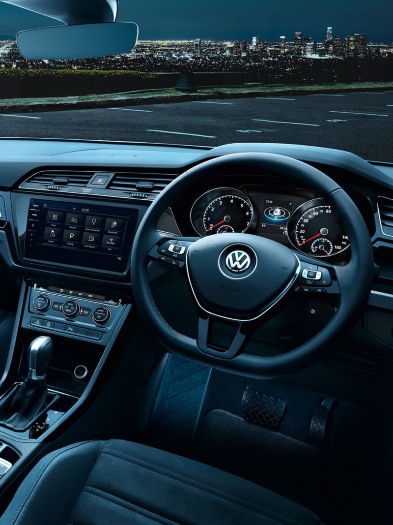 Steering wheel shot of a Volkswagen.