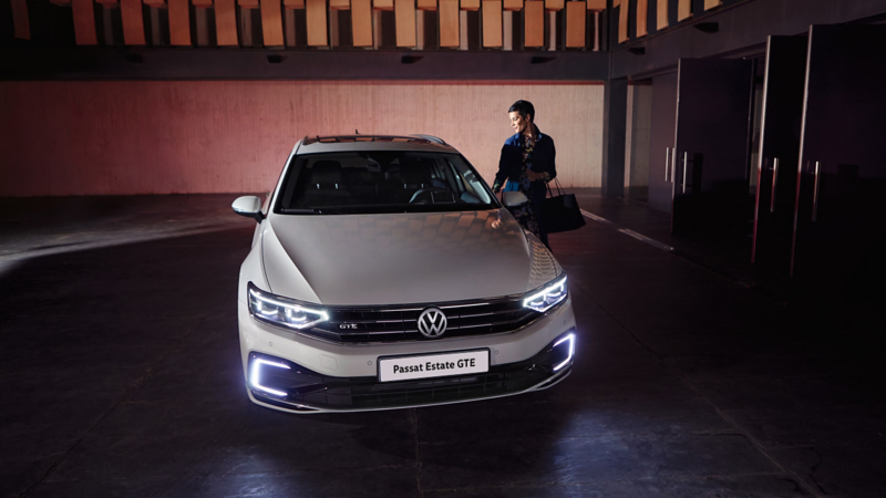 Volkswagen Passat Estate GTE in a garage