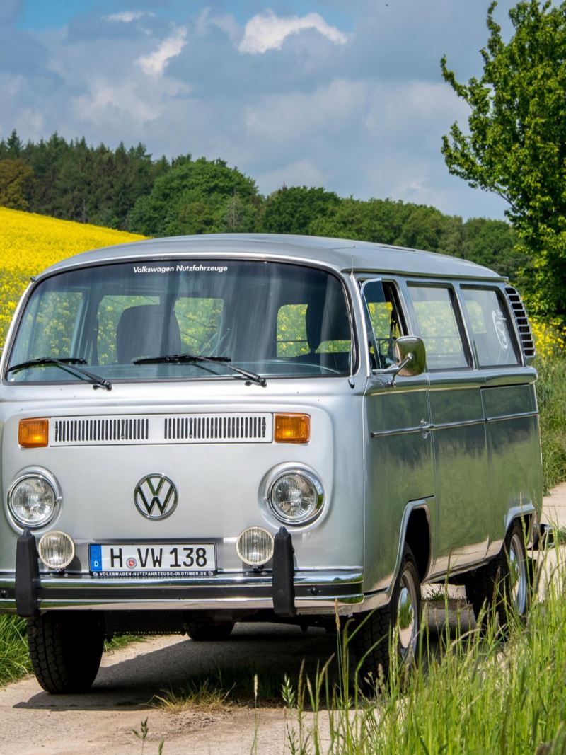 Zwei alte VW Busse fahren durch blühende Landschaften.