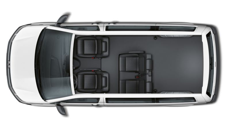 The seating arrengement of the Volkswagen Transporter 6.1 Kombi from above. There are 4 seats.