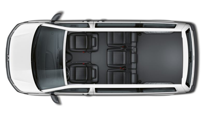 The seating arrengement of the Volkswagen Transporter 6.1 Kombi from above. There are 5 seats.