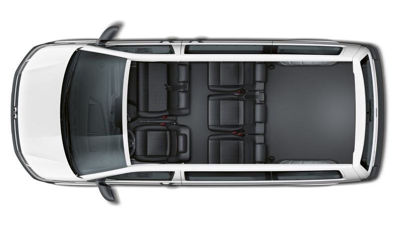 The seating arrengement of the Volkswagen Transporter 6.1 Kombi from above. There are 6 seats.