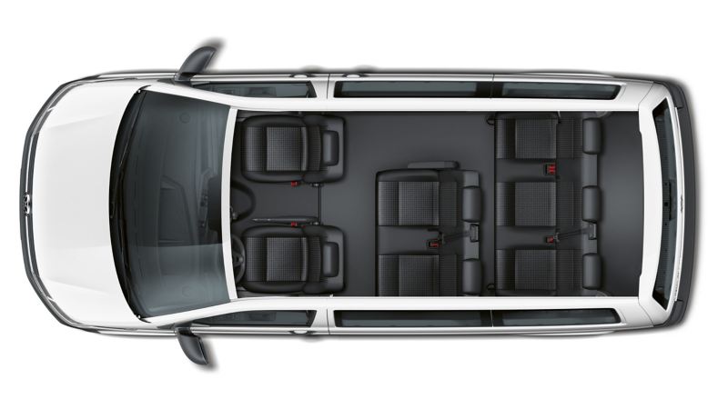 The seating arrengement of the Volkswagen Transporter 6.1 Kombi from above. There are 7 seats.