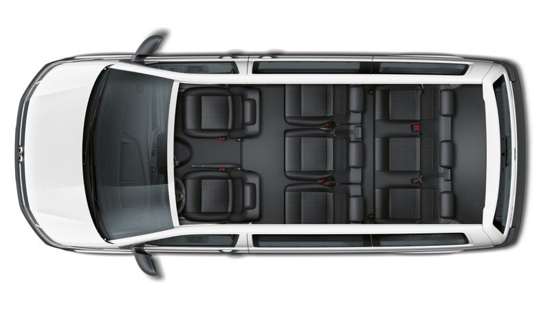 The seating arrengement of the Volkswagen Transporter 6.1 Kombi from above. There are 8 seats.