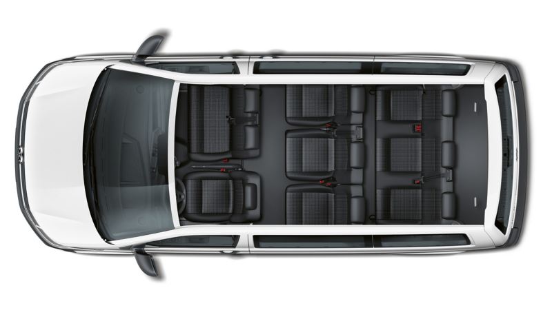 The seating arrengement of the Volkswagen Transporter 6.1 Kombi from above. There are 9 seats.