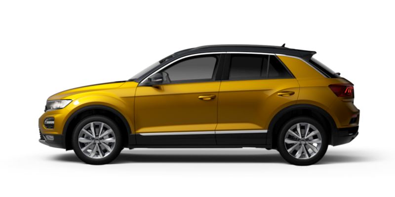 Volkswagen T-Roc amarillo visto de costado sobre fondo blanco