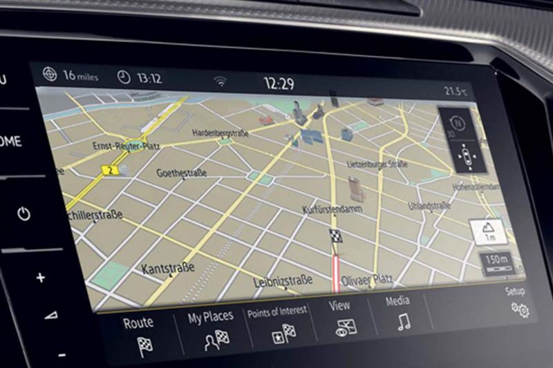 In built sat-nav showing inside a Volkswagen.