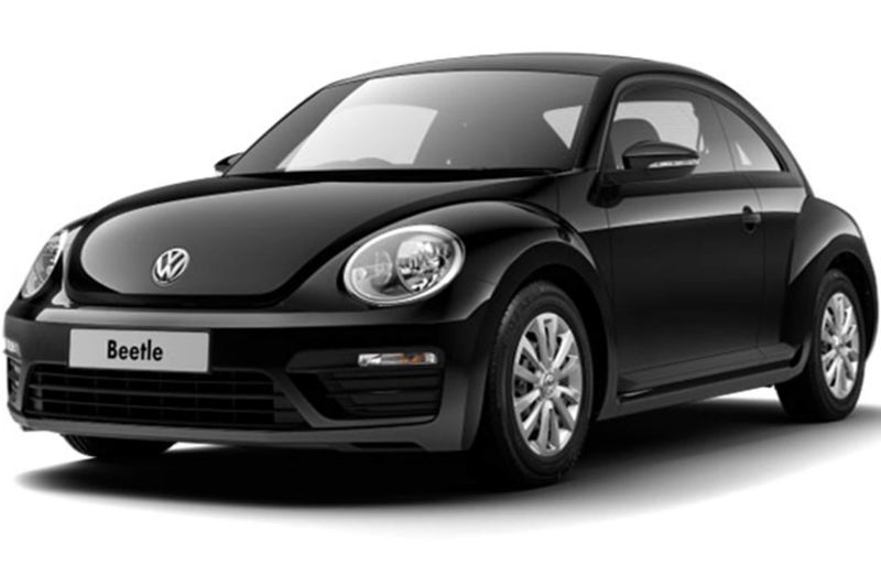 3/4 front view of a black Volkswagen Beetle.