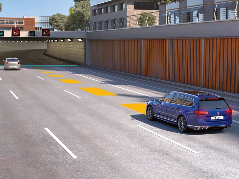 Adaptive Cruise Control being illustrated with a VW Passat on the road