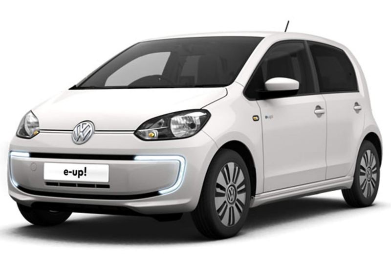 3/4 front view of a white Volkswagen e-up!.