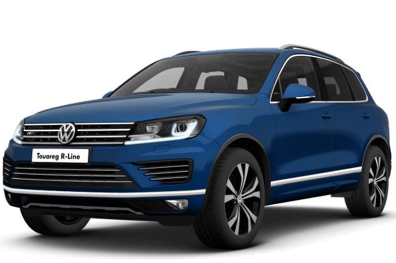 3/4 front view of a blue Volkswagen Touareg R-Line.