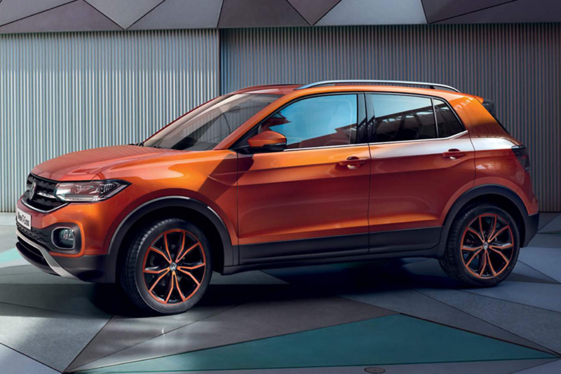 Profile shot of an orange Volkswagen T-Cross.