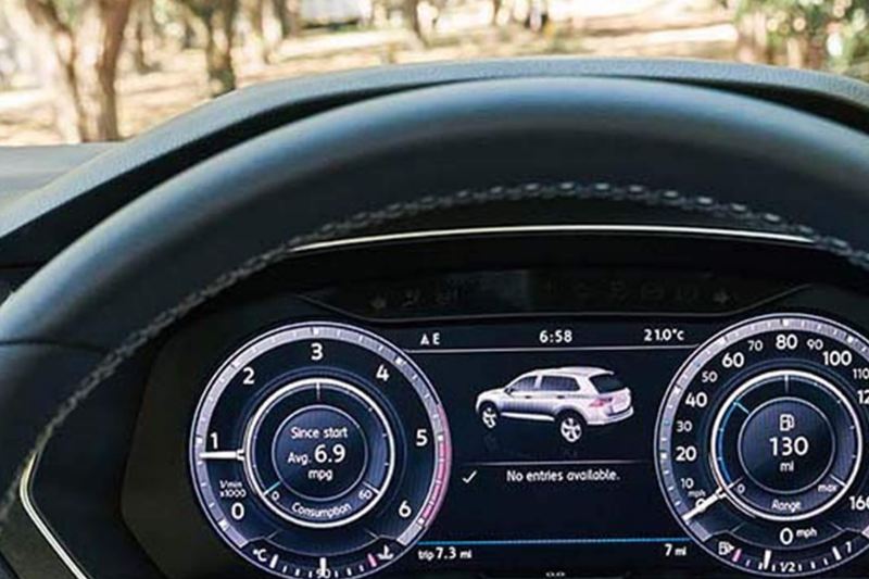 Interior shot of a Volkswagen Tiguan, steering wheel.