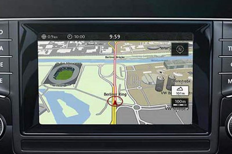 In built sat-nav showing inside a Volkswagen.