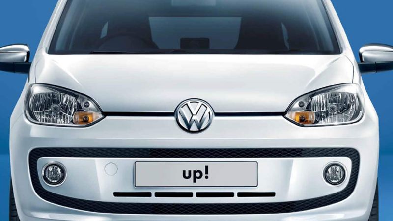 Front shot of a white Volkswagen up!