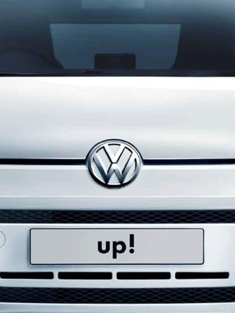 Front shot of a white Volkswagen up!