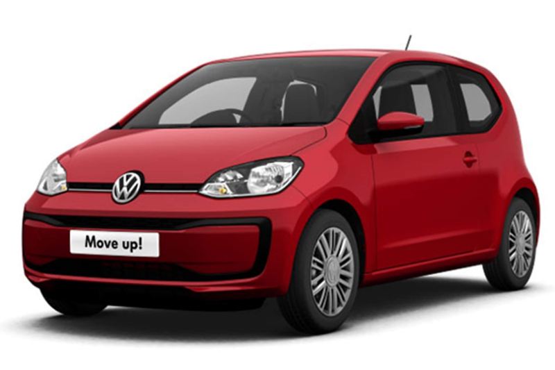 3/4 front view of a red Volkswagen up!