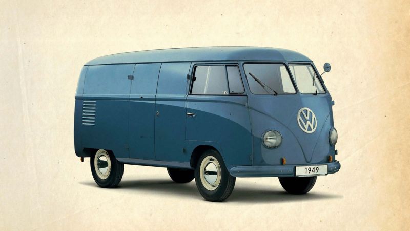 Blå Volkswagen Folkabuss T1
