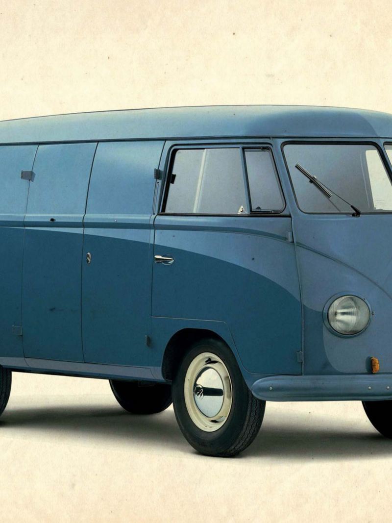 Blå Volkswagen Folkabuss T1