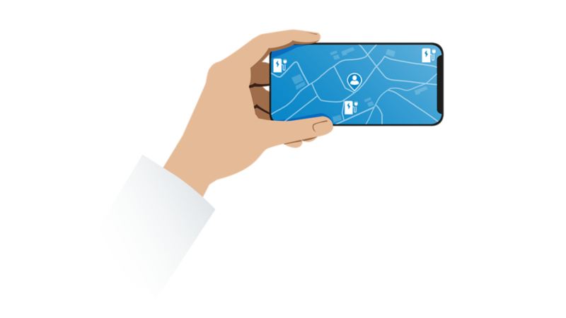 Illustration d’un smartphone avec une aiguille de position qui indique une station de chargement sur une carte.