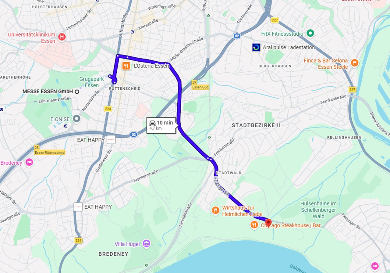 Google Maps route from the SHK trade fair in Essen to Jagdhaus Schellenberg