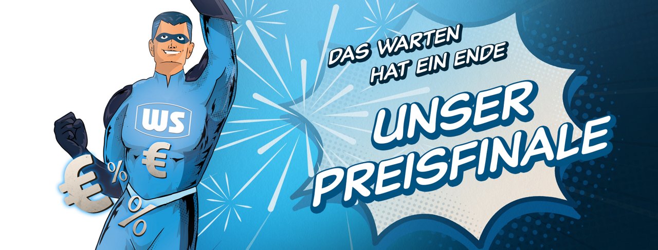 Es ist der Weinmann & Schanz superheld zu sehen. Dazu eine Aufschrift "Das Warten hat ein Ende - unser Preisfinale"