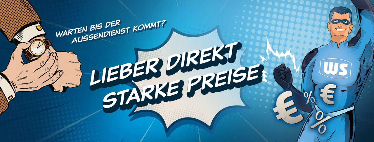Ein Mensch schaut wartend auf die Uhr. Der Weinmann & Schanz Superheld erscheint: Warum noch auf den Außendienst warten? Lieber direkt starke Preise sichern!
