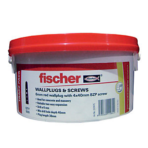 Fischer Wall Plugs Red 6mm W/ Screws Tub 500 Pack