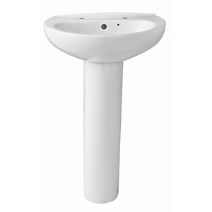 Wickes Portland 2 Tap Hole Ceramic Bathroom Basin with Full Pedestal - 550mm