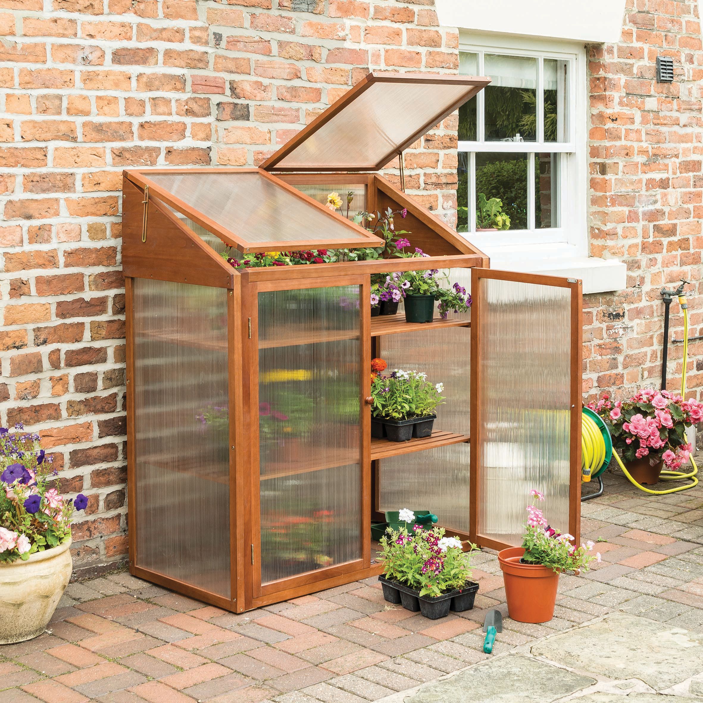 Rowlinson 4 x 2ft Small Brown Wooden Mini Greenhouse with Poycarbonate Panels & Lifting Lid