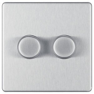 BG Screwless Flatplate Brushed Steel 400W Double Dimmer Switch 2-Way Push On/Off