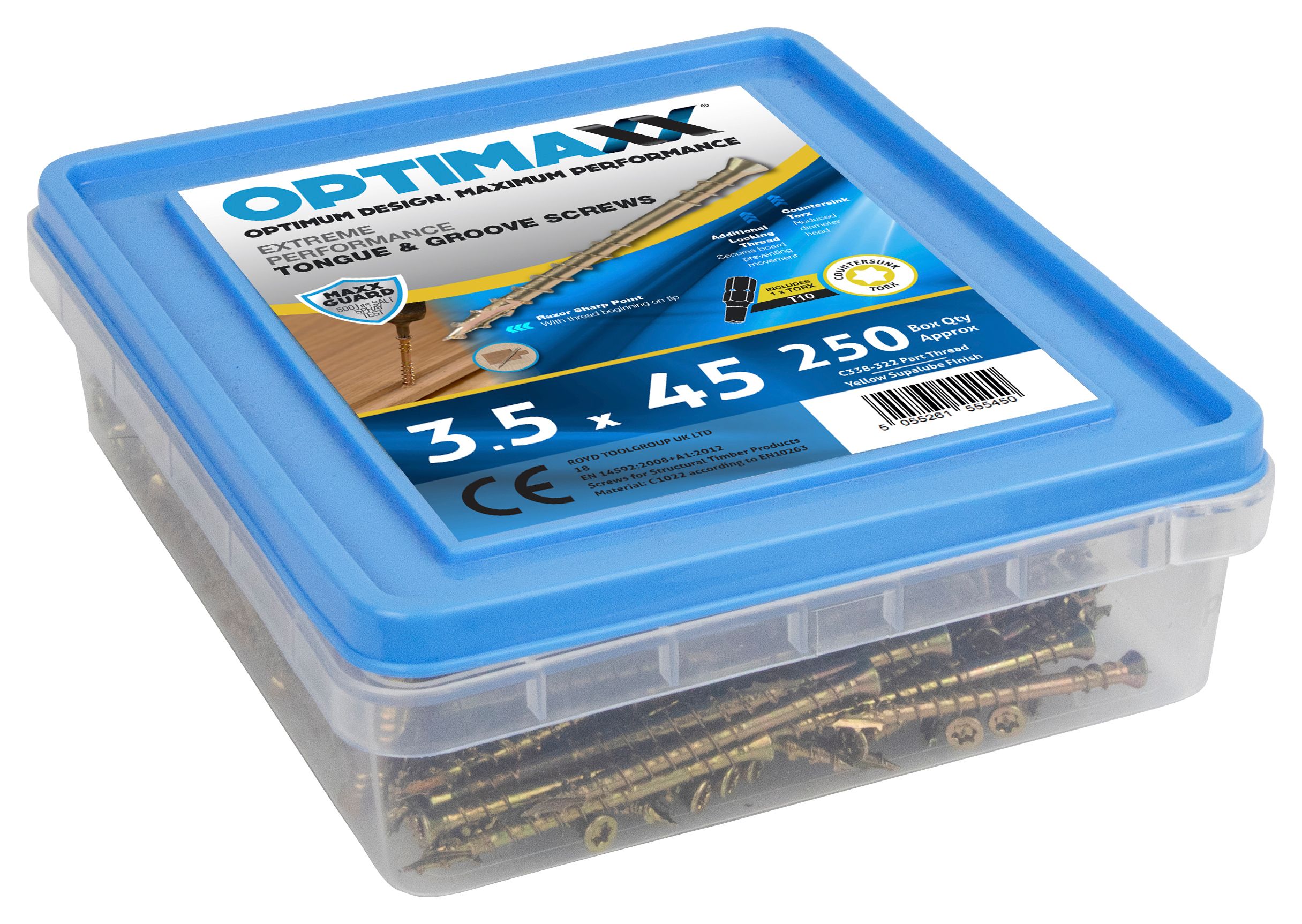 Optimaxx Pz Countersunk Zinc & Yellow Passivated T&g Maxx Screw - 3.5 X 45mm Pack Of 250