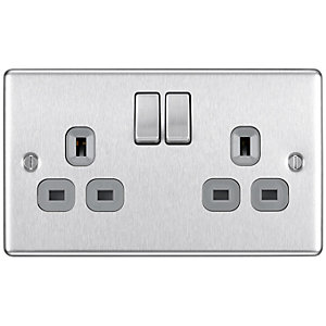 BG 13A Screwed Raised Plate Double Switched Power Socket Double Pole - Brushed Steel