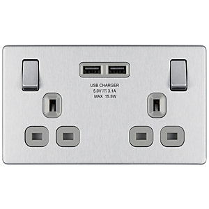 BG 13A Screwless Flat Plate Double Switched Power Socket + 2X Usb Sockets 2.1A - Brushed Steel