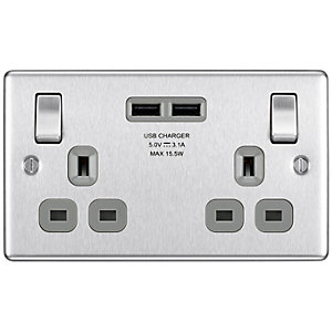 BG 13A Screwed Raised Plate Double Switched Power Socket + 2 X Usb Sockets 2.1A - Brushed Steel