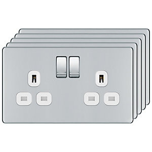 BG 13A Screwless Flat Plate Double Switched Power Socket Double Pole 5 Pack - Polished Chrome