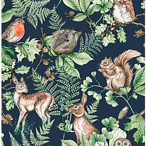 Superfresco Easy Woodland Animals Navy Wallpaper 10m