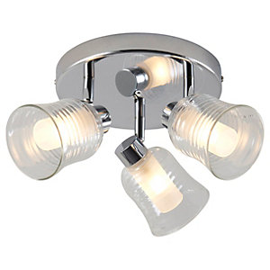 Saxby IP44 Feris Bathroom Three Light Plate LED Spotlight - Chrome with Clear Ribbed Glass Shades