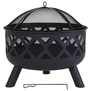 Charles Bentley Large Round Metal Outdoor Fire Pit with Mesh Cover - Black