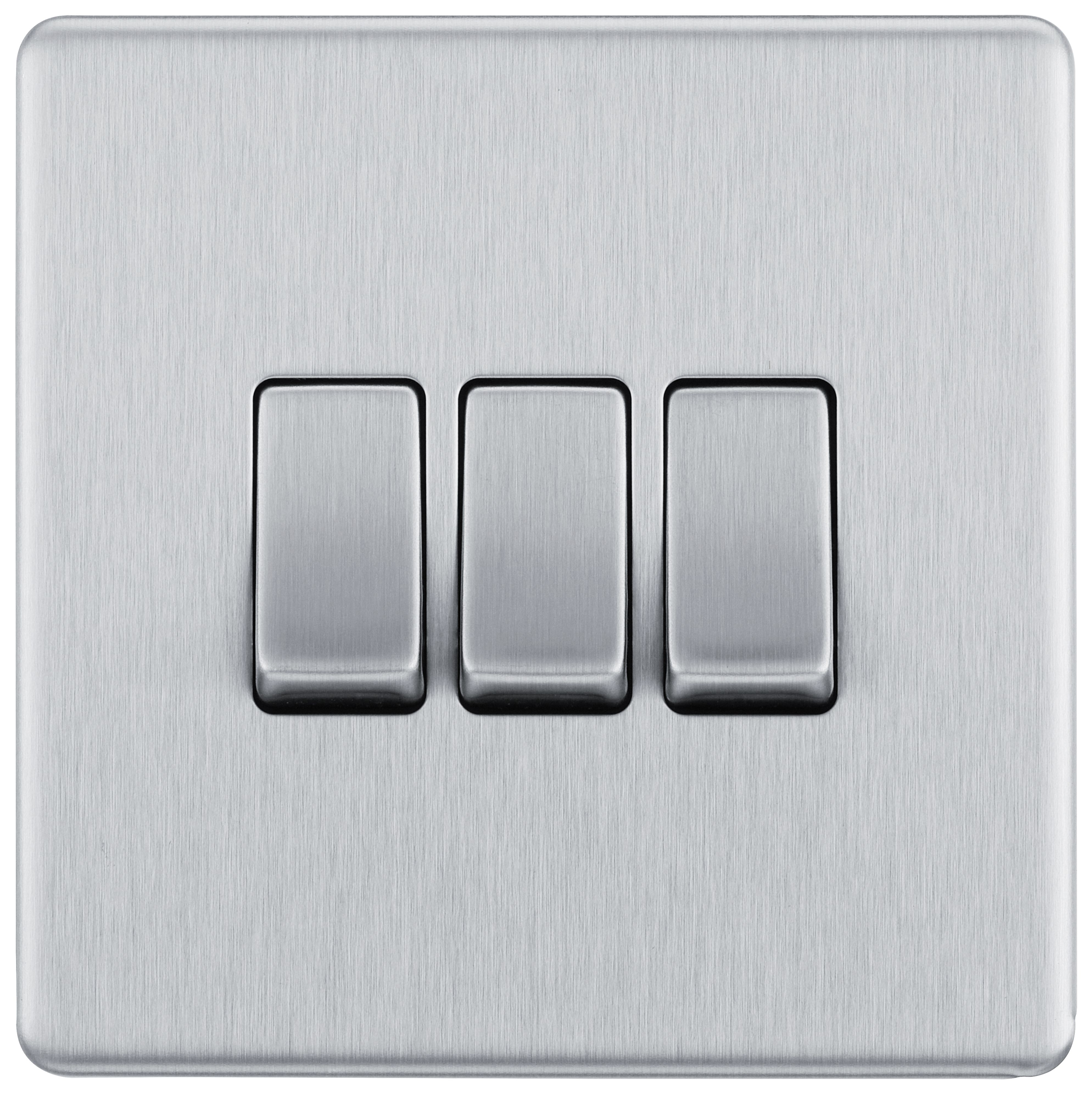 Image of BG Screwless Flatplate Brushed Steel Triple Switch 10Ax 2 Way