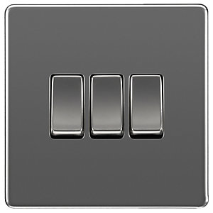 BG Screwless Flatplate Black Nickel Triple Switch, 10Ax 2 Way