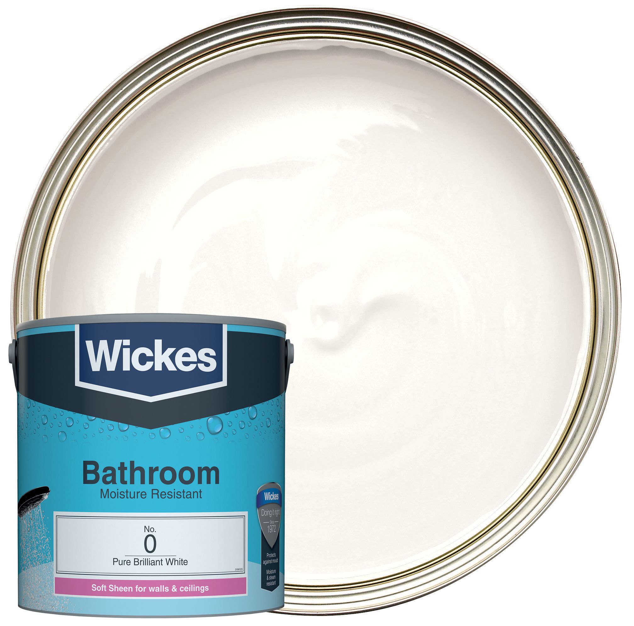 Wickes Pure Brilliant White - No. 0 Bathroom Soft Sheen Emulsion Paint - 2.5L