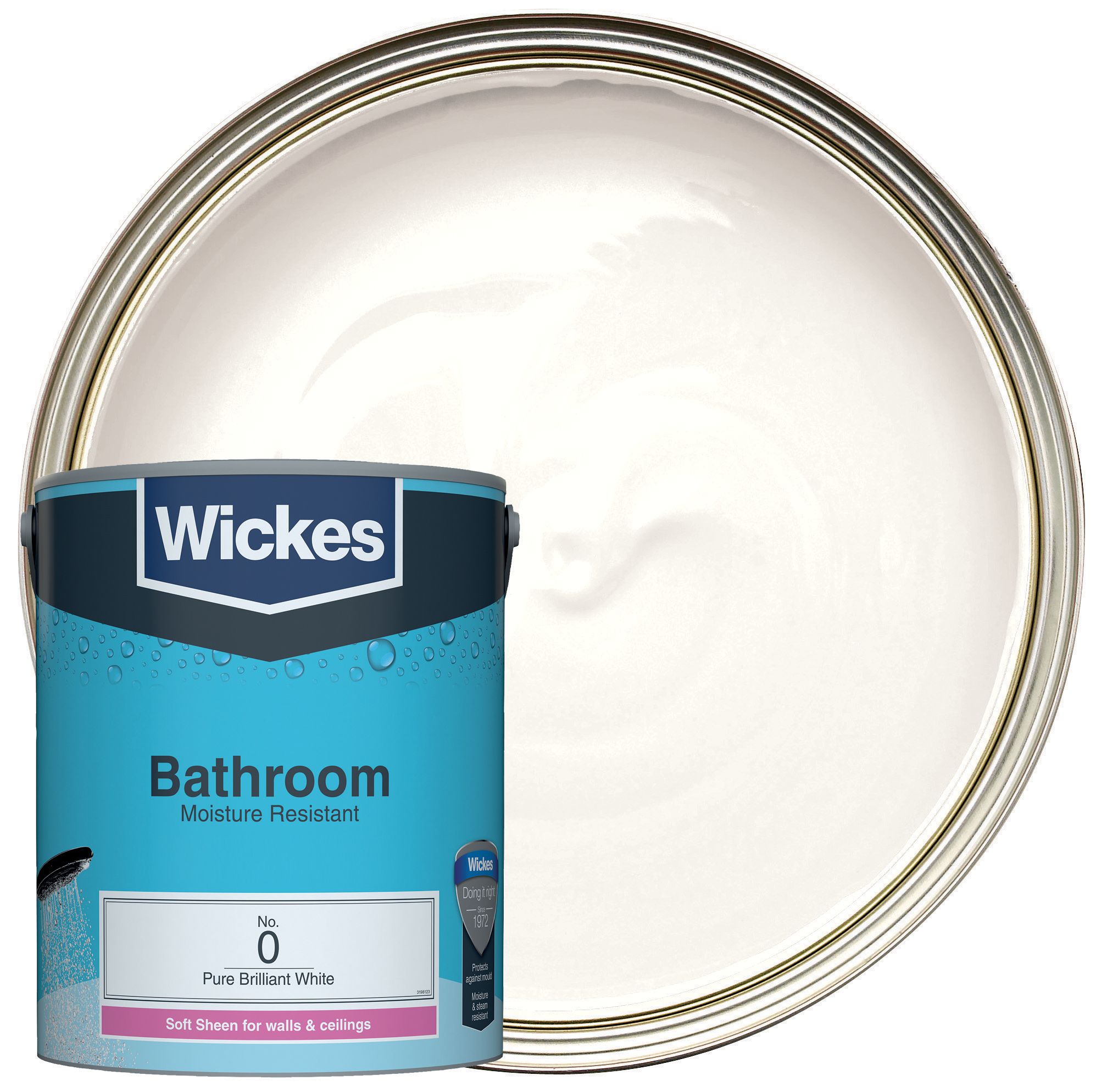 Wickes Pure Brilliant White - No. 0 Bathroom Soft Sheen Emulsion Paint - 5L