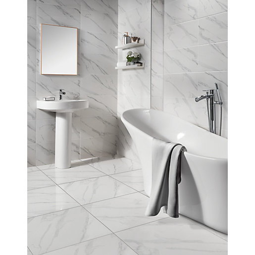 Wickes Calacatta Gloss White Marble Effect Glazed Porcelain Wall Floor Tile 605 X 605mm Wickes Co Uk